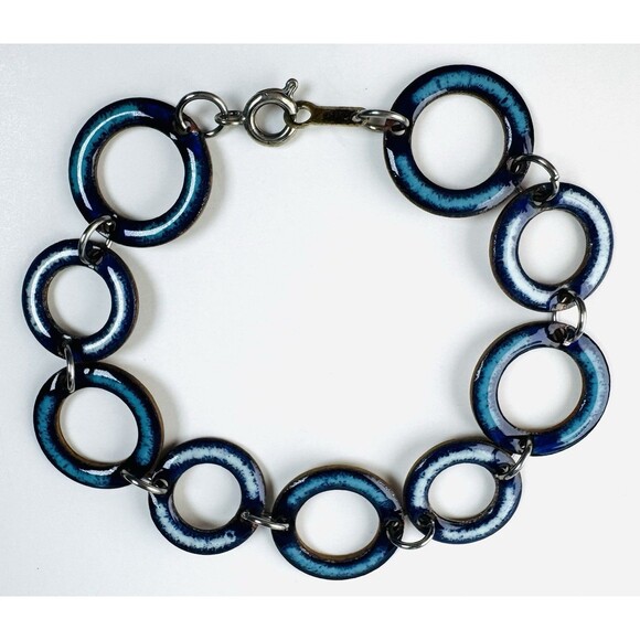 Unbranded Jewelry - Vintage Blue Enamel on Metal Link Bracelet 7” Retro Mod Style